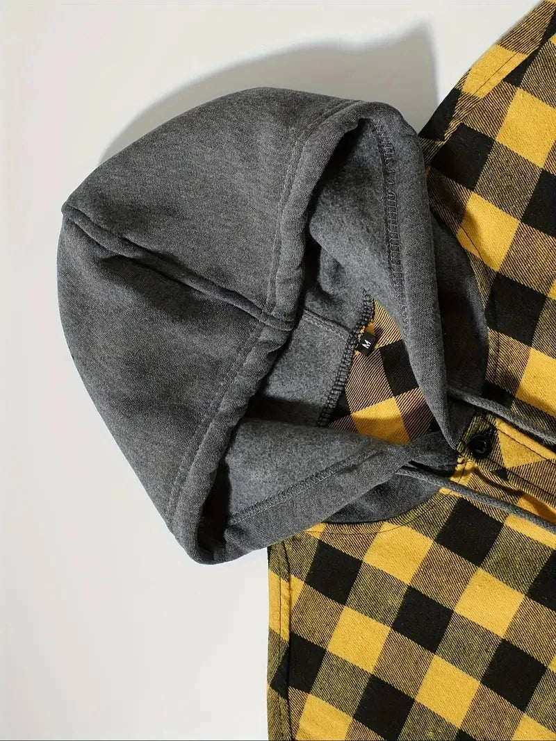 Camisas masculinas clássicas xadrez casual botão para baixo com capuz manga comprida bolsos duplos camisa com capuz jaqueta de flanela primavera outono topos