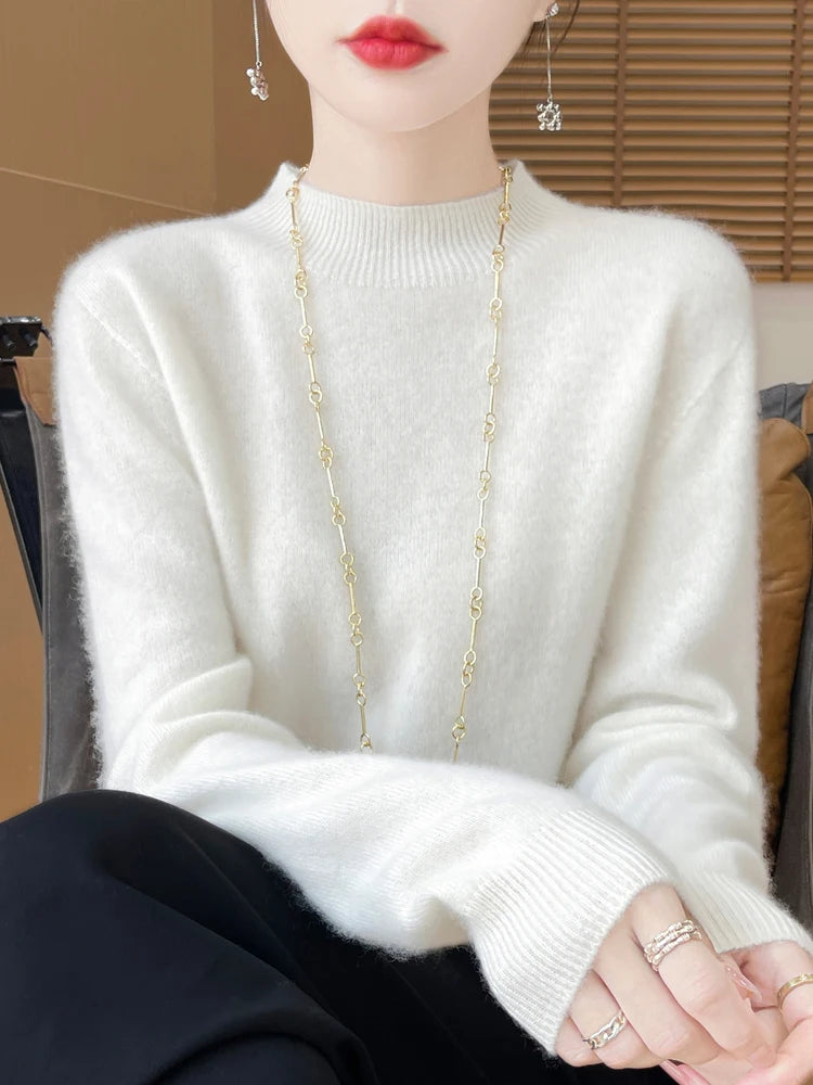 Moda 100% lã camisola feminina mock-neck malhas pulôveres de caxemira outono inverno manga longa jumpers roupas topos