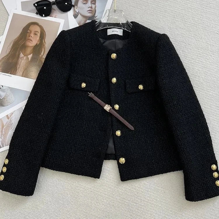 Jaqueta Curta Feminina Preta Estilo Elegante, Nova Coleção Outono Inverno 2026, Gola Redonda, Casaco de Tweed Grosso e Texturizado, Agasalho Feminino