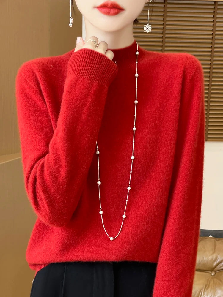 Moda 100% lã camisola feminina mock-neck malhas pulôveres de caxemira outono inverno manga longa jumpers roupas topos
