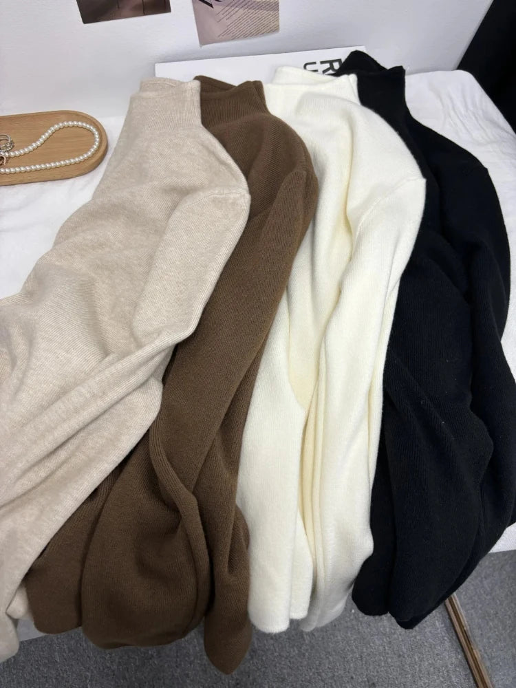Suéter Feminino Casual Vintage de Tricô Manga Longa Gola Alta Liso Moda Outono Inverno 2026