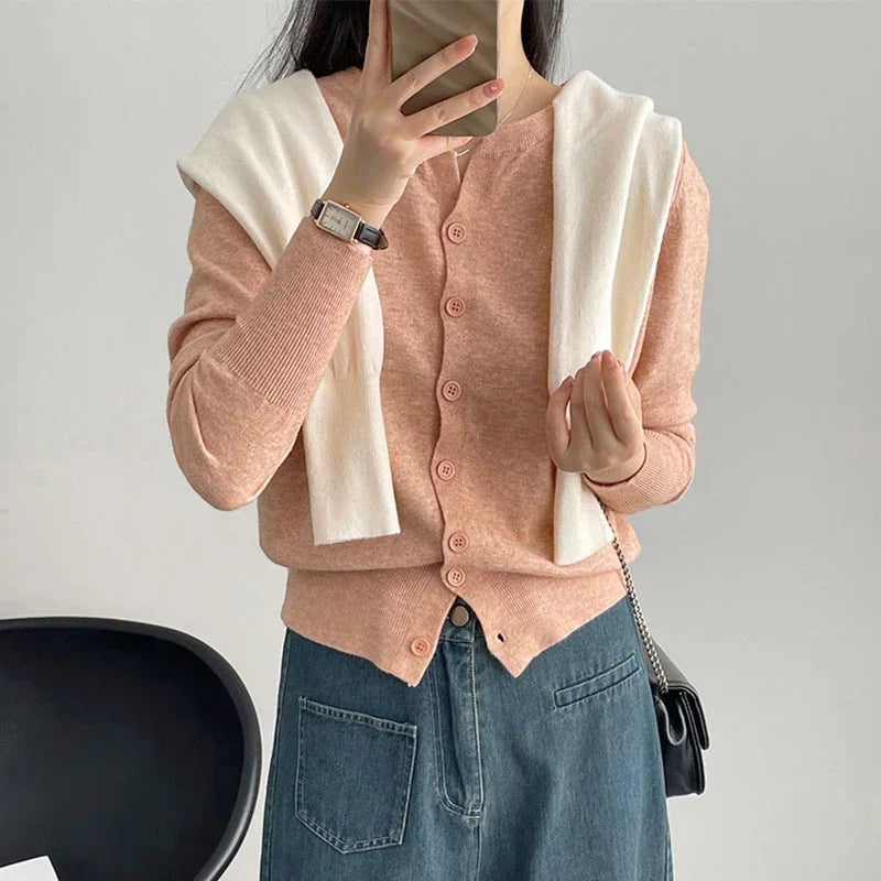 Nova Moda 2026 Suéter Feminino de Cashmere Curto Solto de Tricô com Forro de Lã, Gola Redonda, Quente, Estilo Coreano Casual