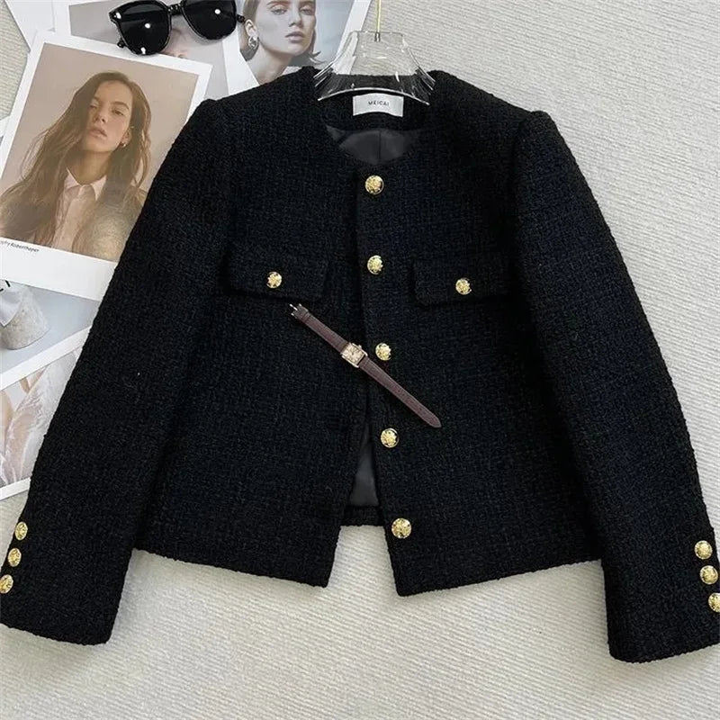 Jaqueta Curta Feminina Preta Estilo Elegante, Nova Coleção Outono Inverno 2026, Gola Redonda, Casaco de Tweed Grosso e Texturizado, Agasalho Feminino