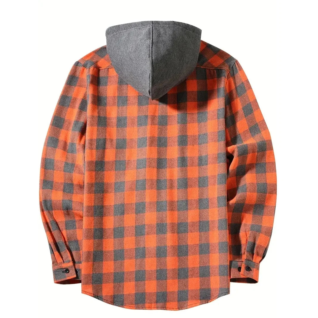 Camisas masculinas clássicas xadrez casual botão para baixo com capuz manga comprida bolsos duplos camisa com capuz jaqueta de flanela primavera outono topos