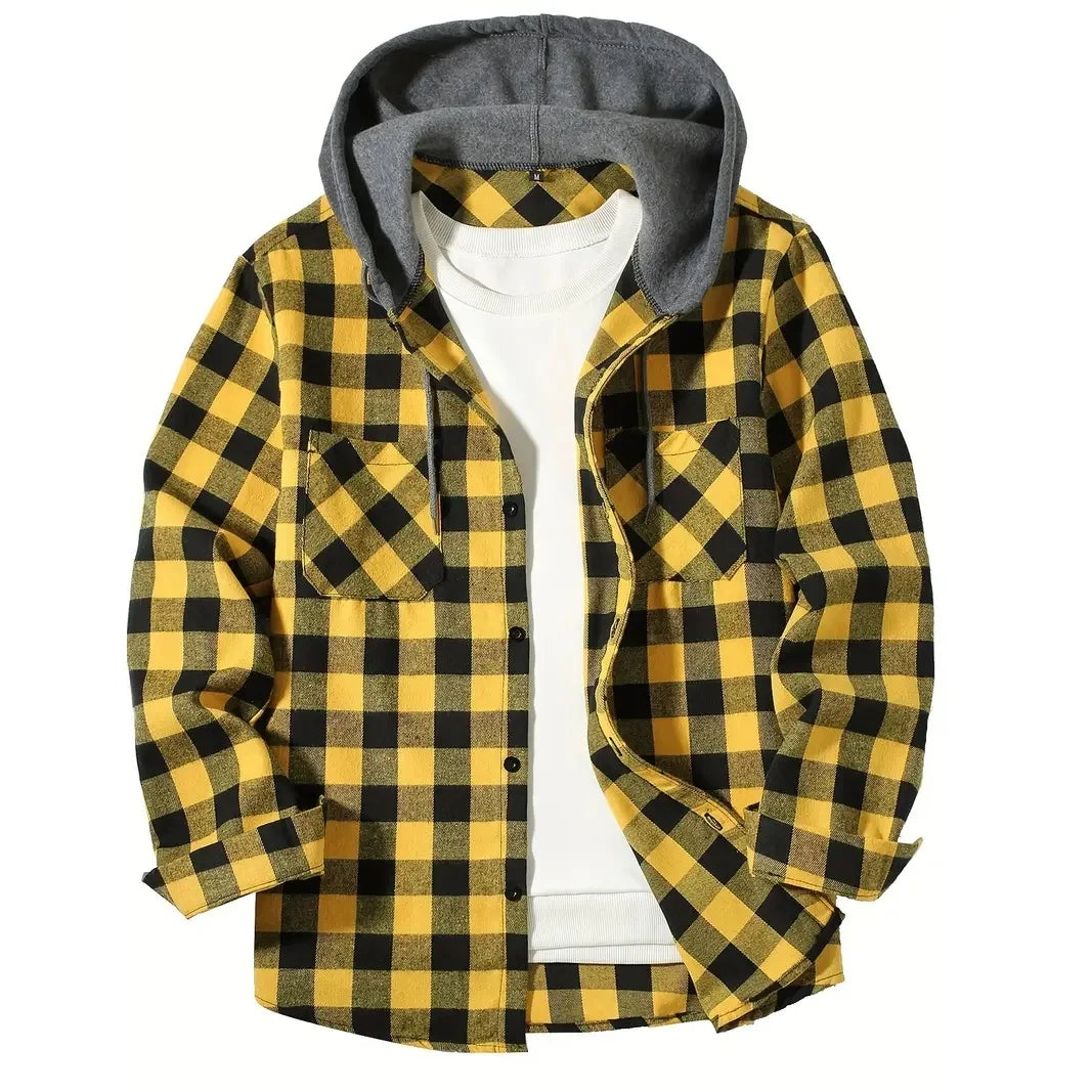 Camisas masculinas clássicas xadrez casual botão para baixo com capuz manga comprida bolsos duplos camisa com capuz jaqueta de flanela primavera outono topos