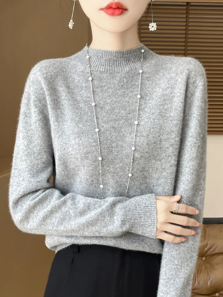 Moda 100% lã camisola feminina mock-neck malhas pulôveres de caxemira outono inverno manga longa jumpers roupas topos