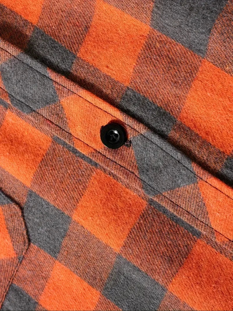 Camisas masculinas clássicas xadrez casual botão para baixo com capuz manga comprida bolsos duplos camisa com capuz jaqueta de flanela primavera outono topos