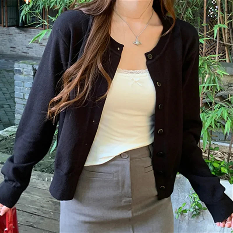 Cardigan feminino manga longa 2026 o pescoço botão para baixo malha senhora primavera outono malha único breasted cardigan suéteres