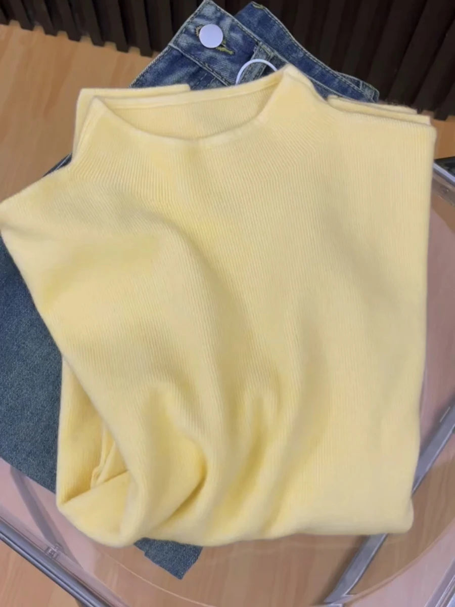 Suéter Feminino Casual Vintage de Tricô Manga Longa Gola Alta Liso Moda Outono Inverno 2026