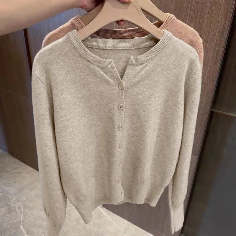 Nova Moda 2026 Suéter Feminino de Cashmere Curto Solto de Tricô com Forro de Lã, Gola Redonda, Quente, Estilo Coreano Casual