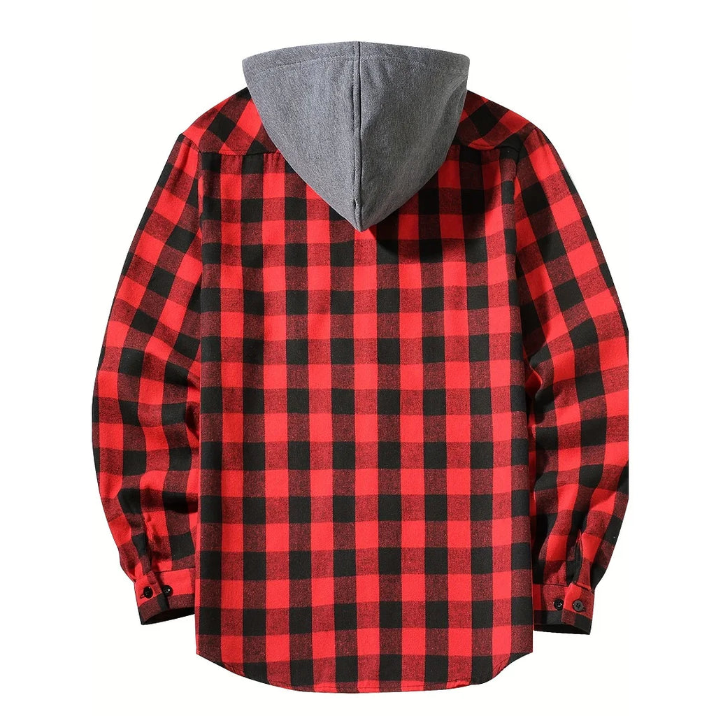 Camisas masculinas clássicas xadrez casual botão para baixo com capuz manga comprida bolsos duplos camisa com capuz jaqueta de flanela primavera outono topos