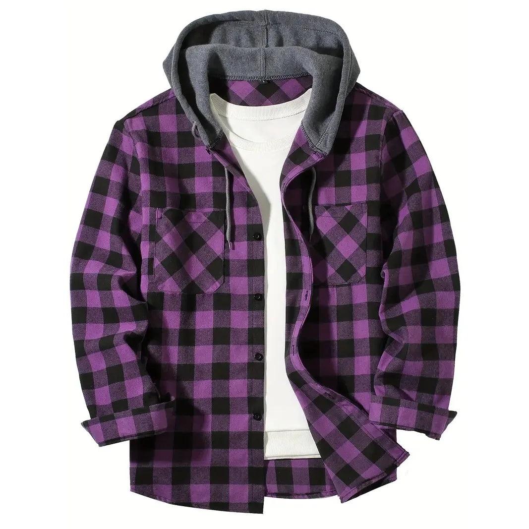 Camisas masculinas clássicas xadrez casual botão para baixo com capuz manga comprida bolsos duplos camisa com capuz jaqueta de flanela primavera outono topos