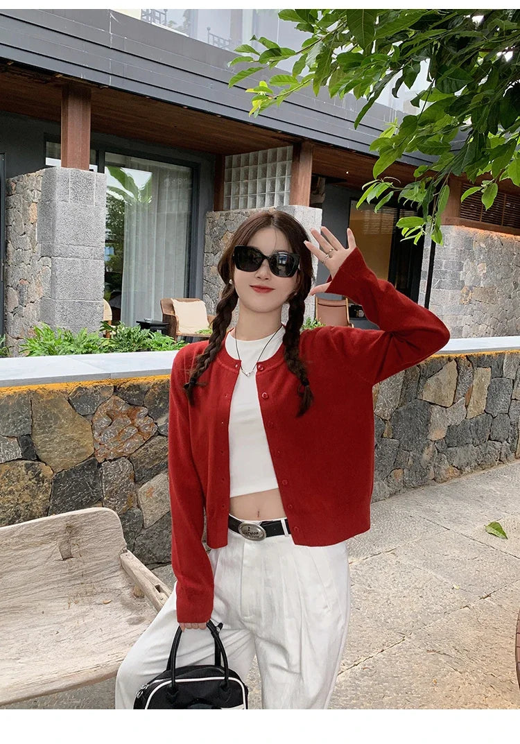 Cardigan feminino manga longa 2026 o pescoço botão para baixo malha senhora primavera outono malha único breasted cardigan suéteres