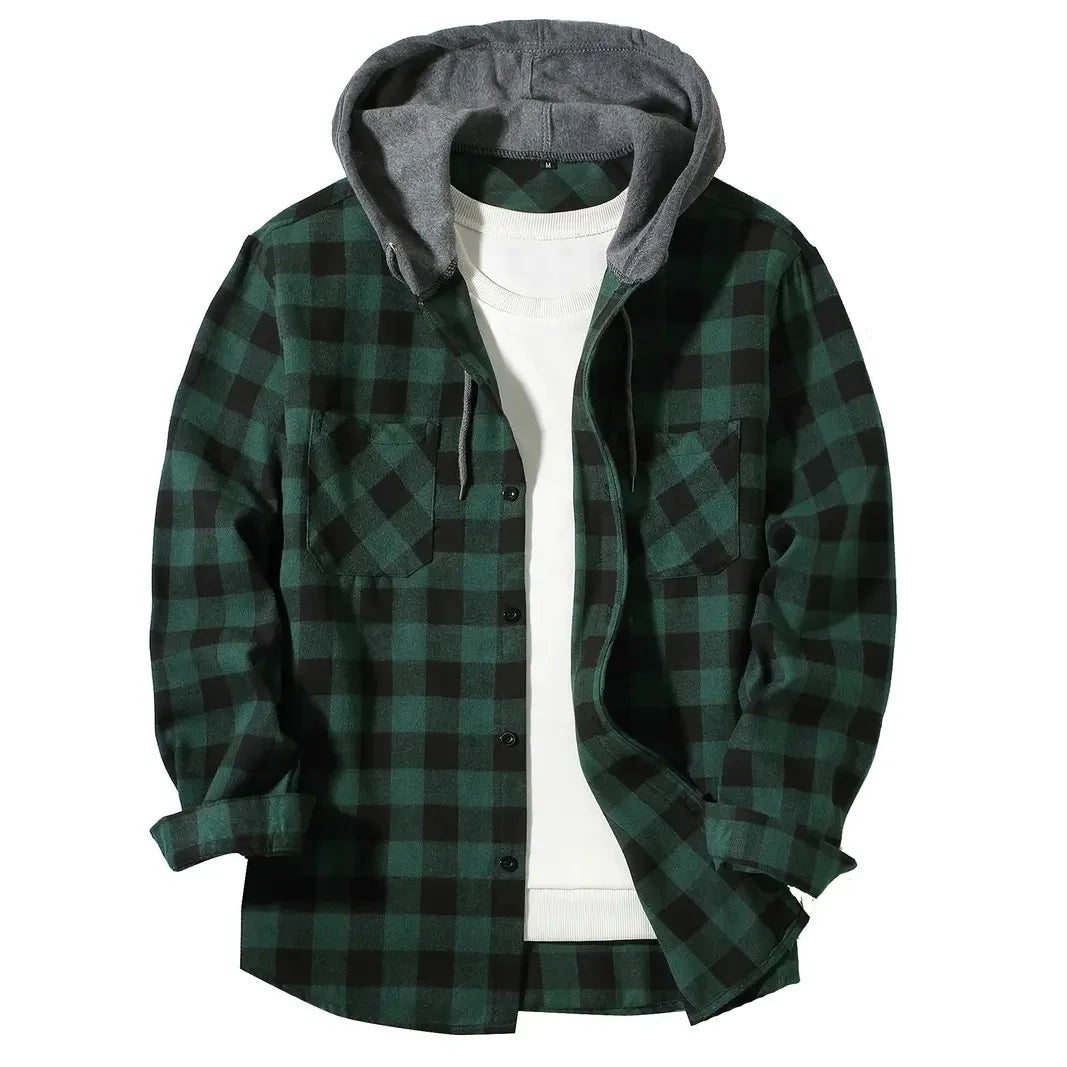 Camisas masculinas clássicas xadrez casual botão para baixo com capuz manga comprida bolsos duplos camisa com capuz jaqueta de flanela primavera outono topos