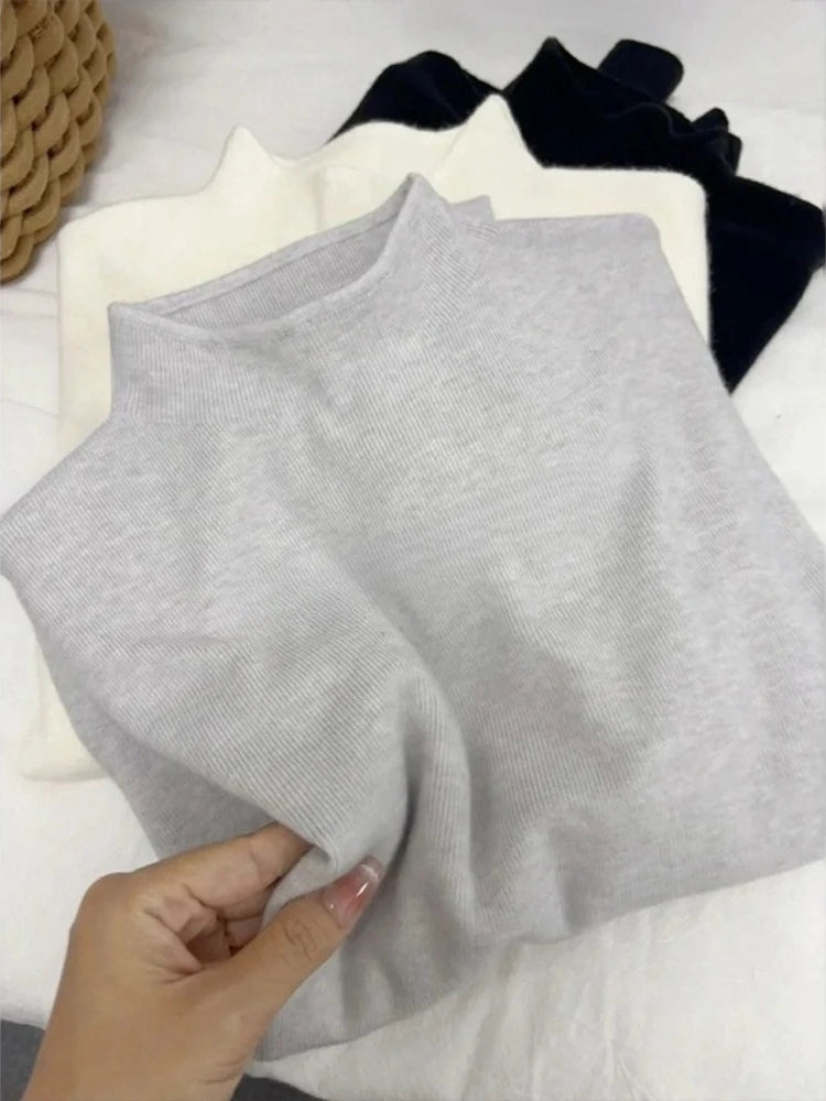 Camisola Feminina Casual Vintage de Malha Manga Comprida Gola Alta Lisa Moda Outono Inverno 2026