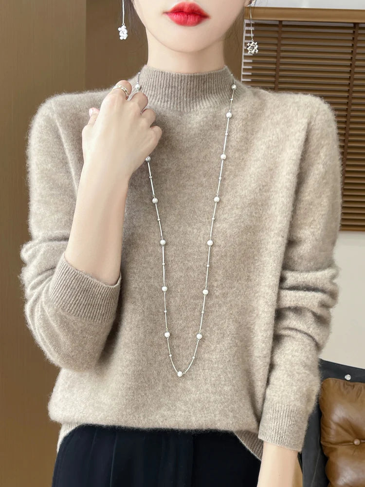 Moda 100% lã camisola feminina mock-neck malhas pulôveres de caxemira outono inverno manga longa jumpers roupas topos