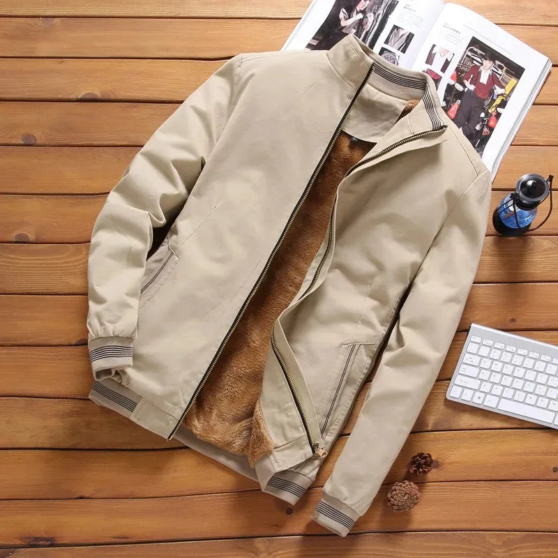 Outono e inverno nova moda masculina jaqueta aviador velo engrossado quente jaqueta de beisebol cor sólida zíper tamanho grande topo M-5XL