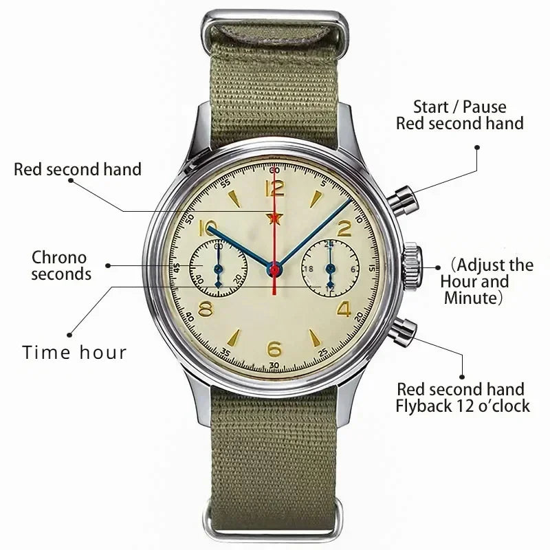 Relógios para homem 1963 relógio piloto automático 42 mm impermeável retro quartzo cronógrafo relógio de vestuário vintage Translated with https://laratranslate.com