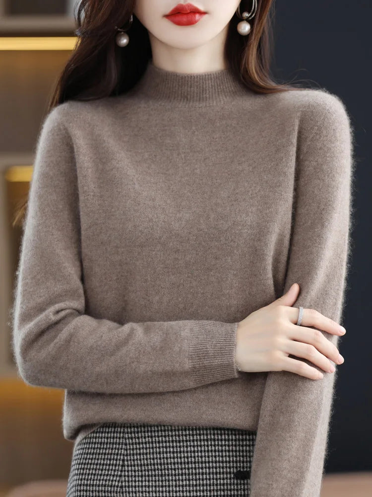 Moda 100% lã camisola feminina mock-neck malhas pulôveres de caxemira outono inverno manga longa jumpers roupas topos