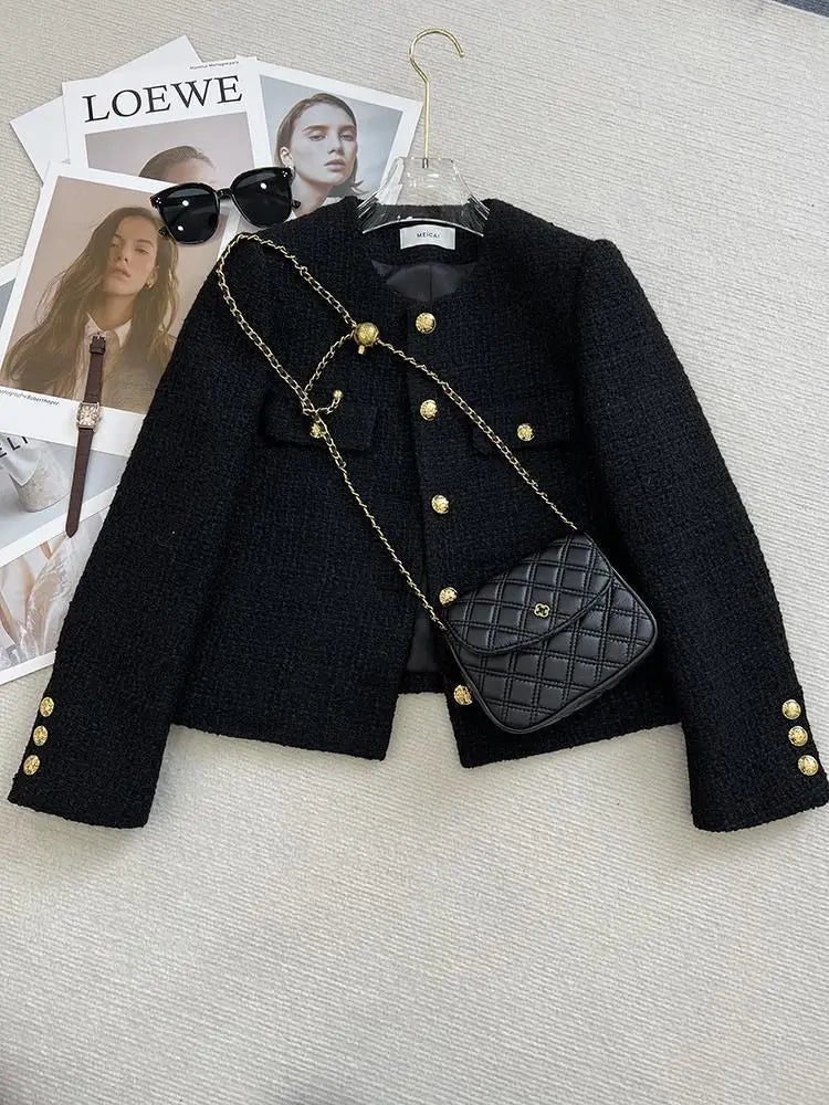 Jaqueta Curta Feminina Preta Estilo Elegante, Nova Coleção Outono Inverno 2026, Gola Redonda, Casaco de Tweed Grosso e Texturizado, Agasalho Feminino