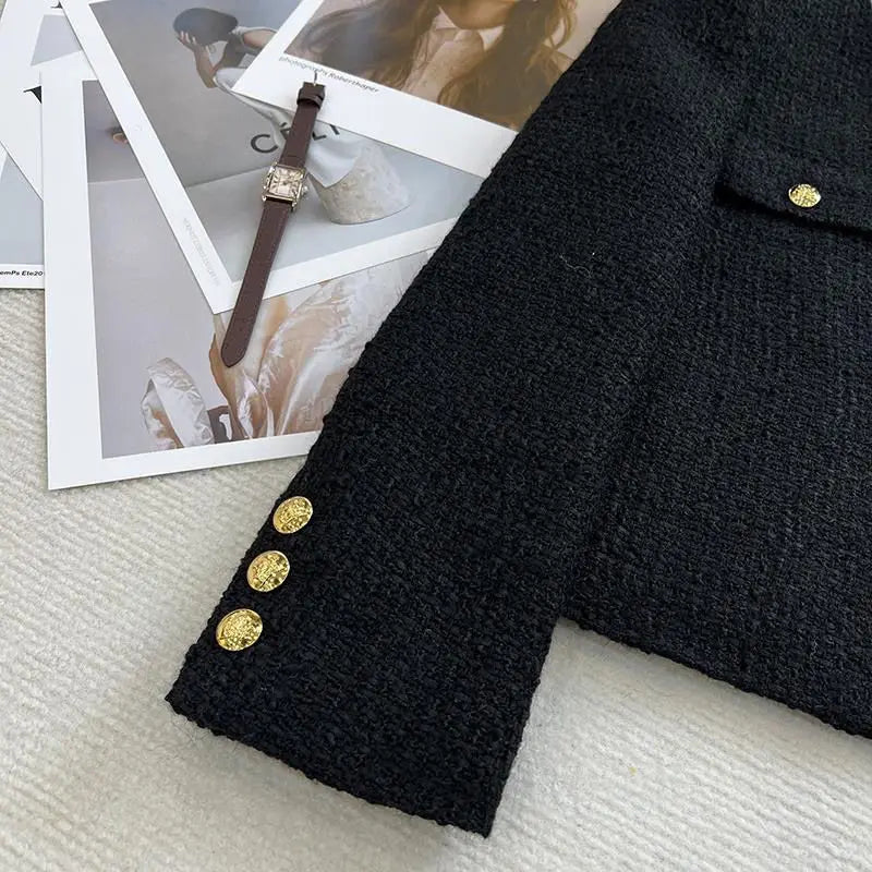 Jaqueta Curta Feminina Preta Estilo Elegante, Nova Coleção Outono Inverno 2026, Gola Redonda, Casaco de Tweed Grosso e Texturizado, Agasalho Feminino