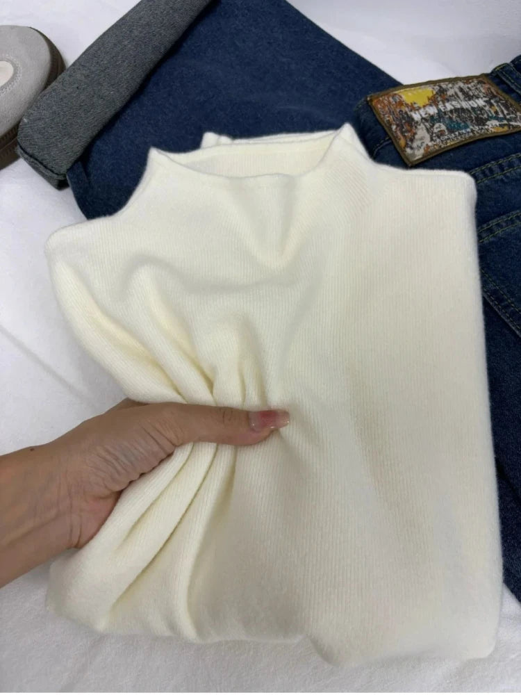 Suéter Feminino Casual Vintage de Tricô Manga Longa Gola Alta Liso Moda Outono Inverno 2026