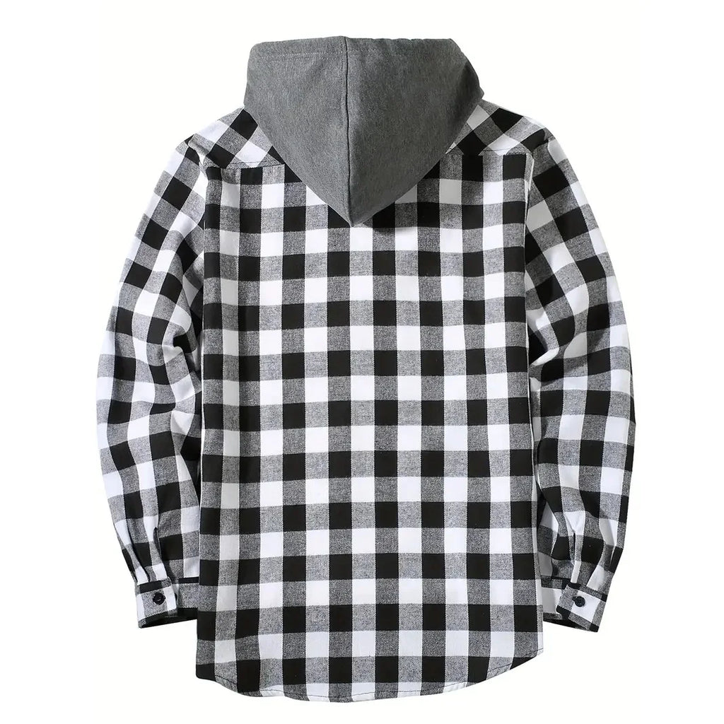 Camisas masculinas clássicas xadrez casual botão para baixo com capuz manga comprida bolsos duplos camisa com capuz jaqueta de flanela primavera outono topos