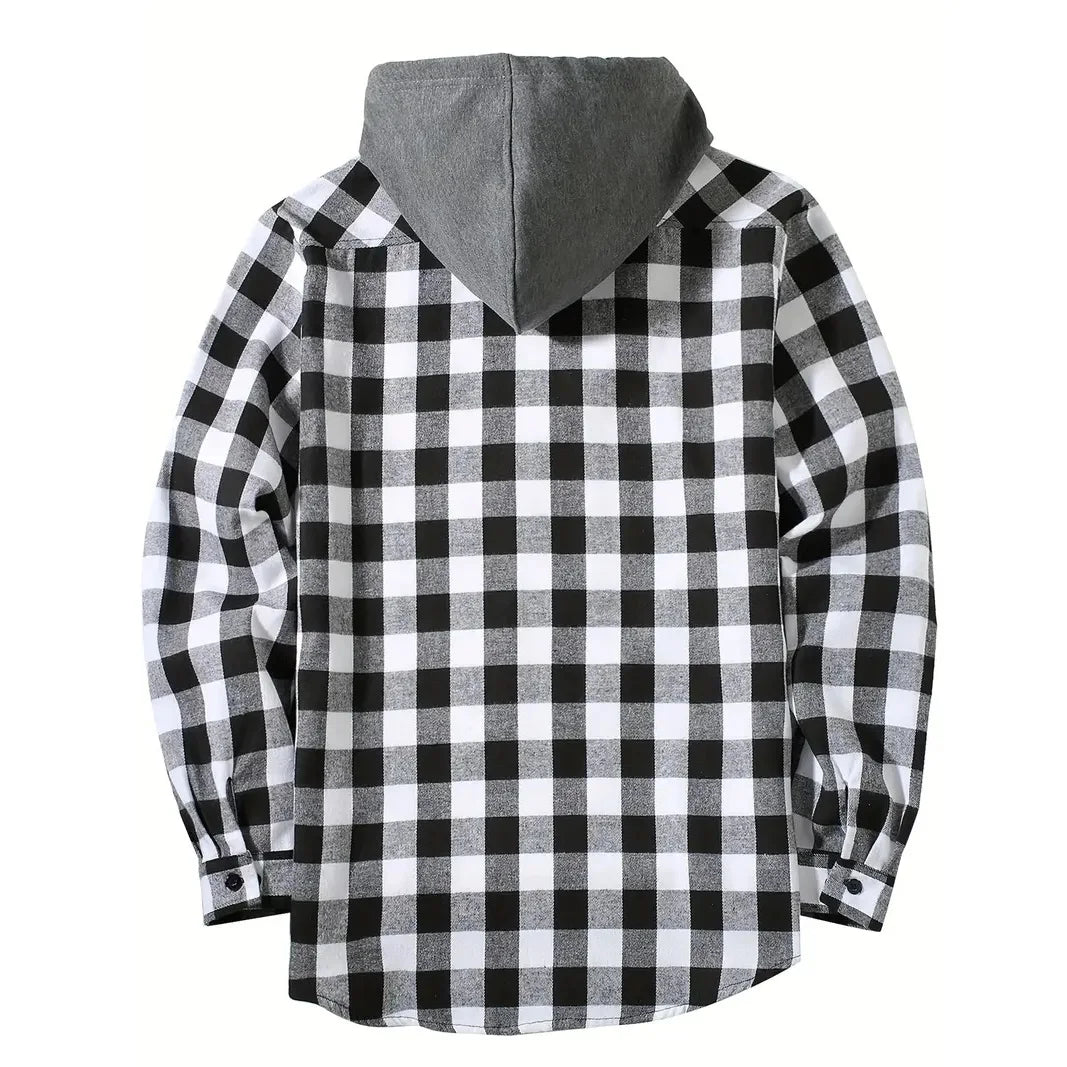 Camisas masculinas clássicas xadrez casual botão para baixo com capuz manga comprida bolsos duplos camisa com capuz jaqueta de flanela primavera outono topos