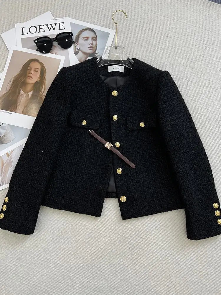 Jaqueta Curta Feminina Preta Estilo Elegante, Nova Coleção Outono Inverno 2026, Gola Redonda, Casaco de Tweed Grosso e Texturizado, Agasalho Feminino
