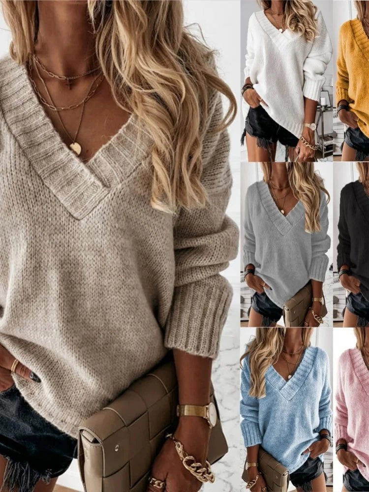 Suéter Feminino Casual da Moda para Outono e Inverno, Novo, Cor Sólida, Gola V, Manga Longa, Pulôver de Tricô para Comércio Exterior
