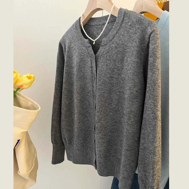 Nova Moda 2026 Suéter Feminino de Cashmere Curto Solto de Tricô com Forro de Lã, Gola Redonda, Quente, Estilo Coreano Casual