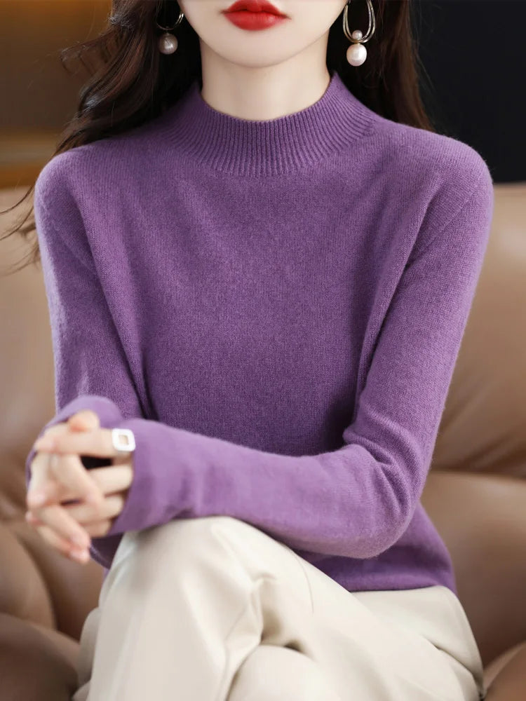 Moda 100% lã camisola feminina mock-neck malhas pulôveres de caxemira outono inverno manga longa jumpers roupas topos