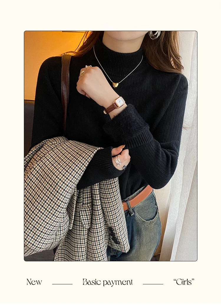 Suéter Feminino Gola Alta Inverno 2026 Retrô com Forro de Veludo Grosso Camiseta Térmica de Tricô para Usar por Baixo Pulôver