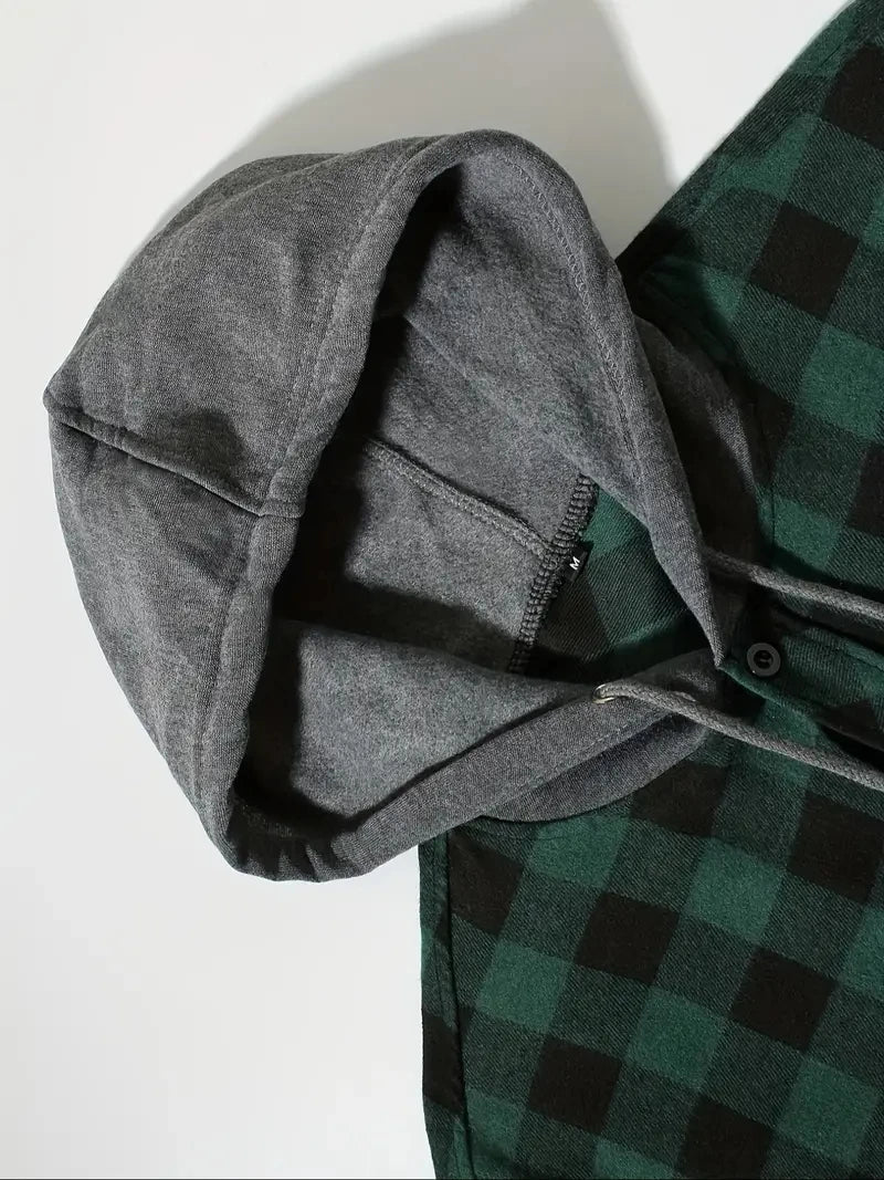 Camisas masculinas clássicas xadrez casual botão para baixo com capuz manga comprida bolsos duplos camisa com capuz jaqueta de flanela primavera outono topos