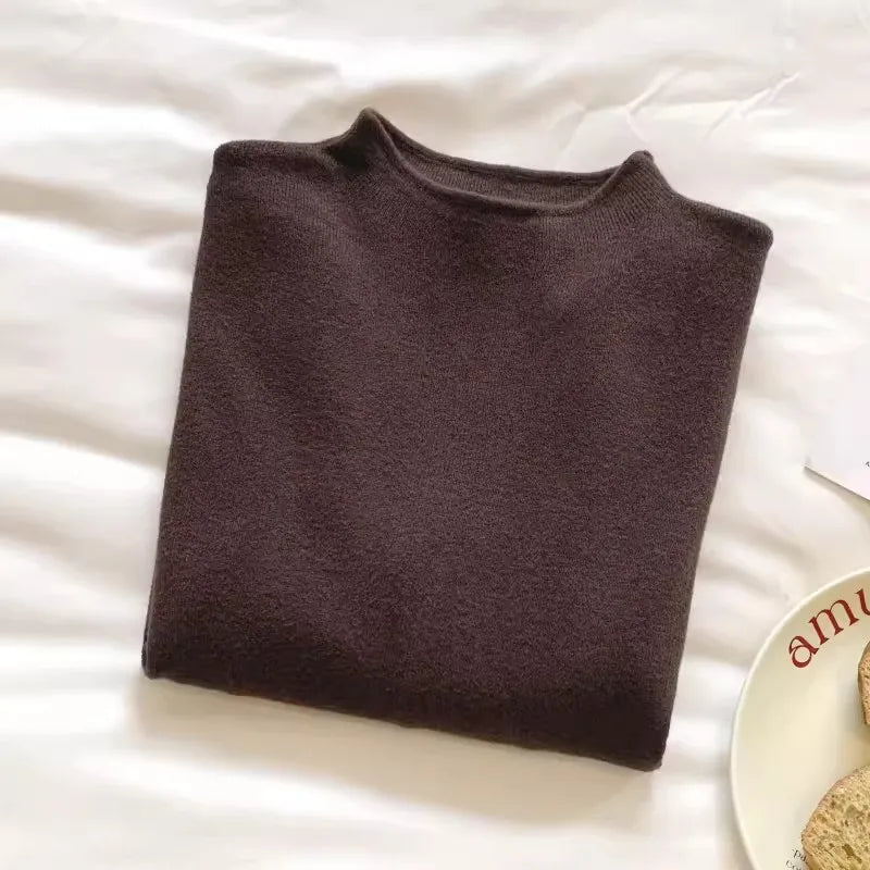 Camisola Feminina Casual Vintage de Malha Manga Comprida Gola Alta Lisa Moda Outono Inverno 2026