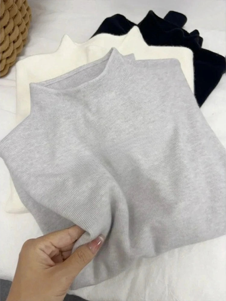 Suéter Feminino Casual Vintage de Tricô Manga Longa Gola Alta Liso Moda Outono Inverno 2026