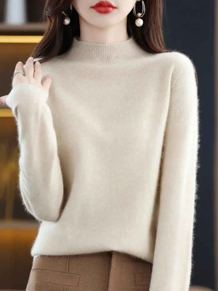 Moda 100% lã camisola feminina mock-neck malhas pulôveres de caxemira outono inverno manga longa jumpers roupas topos
