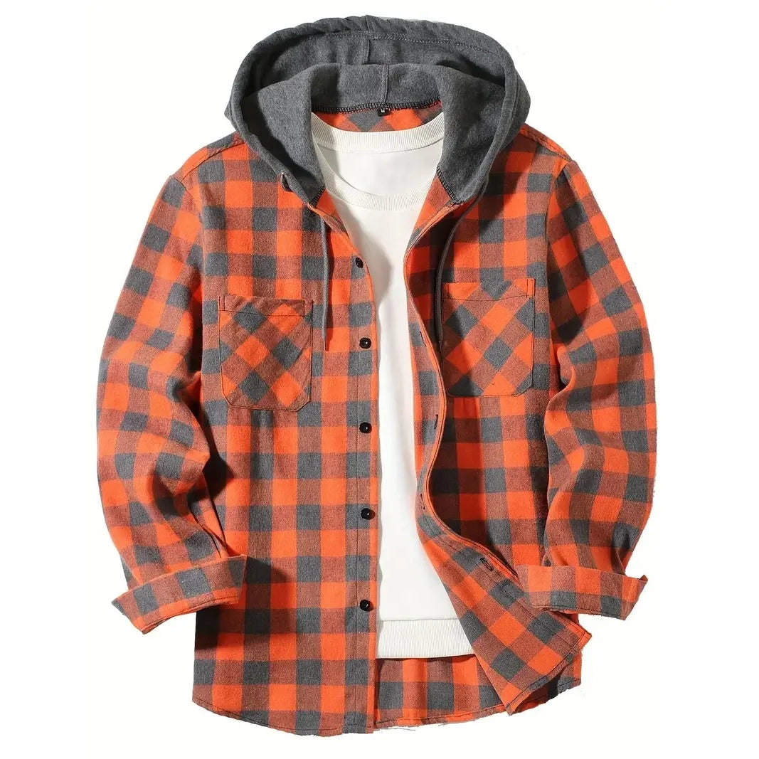 Camisas masculinas clássicas xadrez casual botão para baixo com capuz manga comprida bolsos duplos camisa com capuz jaqueta de flanela primavera outono topos