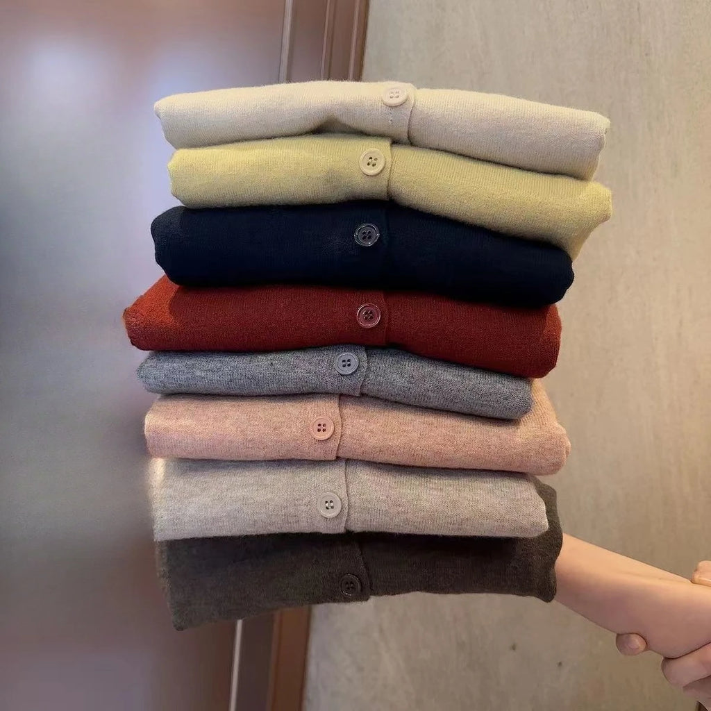 Nova Moda 2026 Suéter Feminino de Cashmere Curto Solto de Tricô com Forro de Lã, Gola Redonda, Quente, Estilo Coreano Casual
