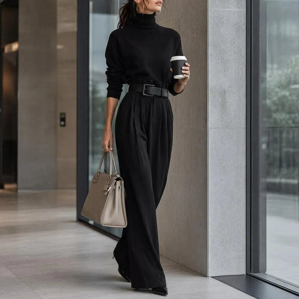 Conjunto Feminino de 2 Peças 2026: Blusa de Gola Alta Manga Longa e Calça de Cintura Alta com Cinto - Conjunto Casual Feminino Estilo Streetwear