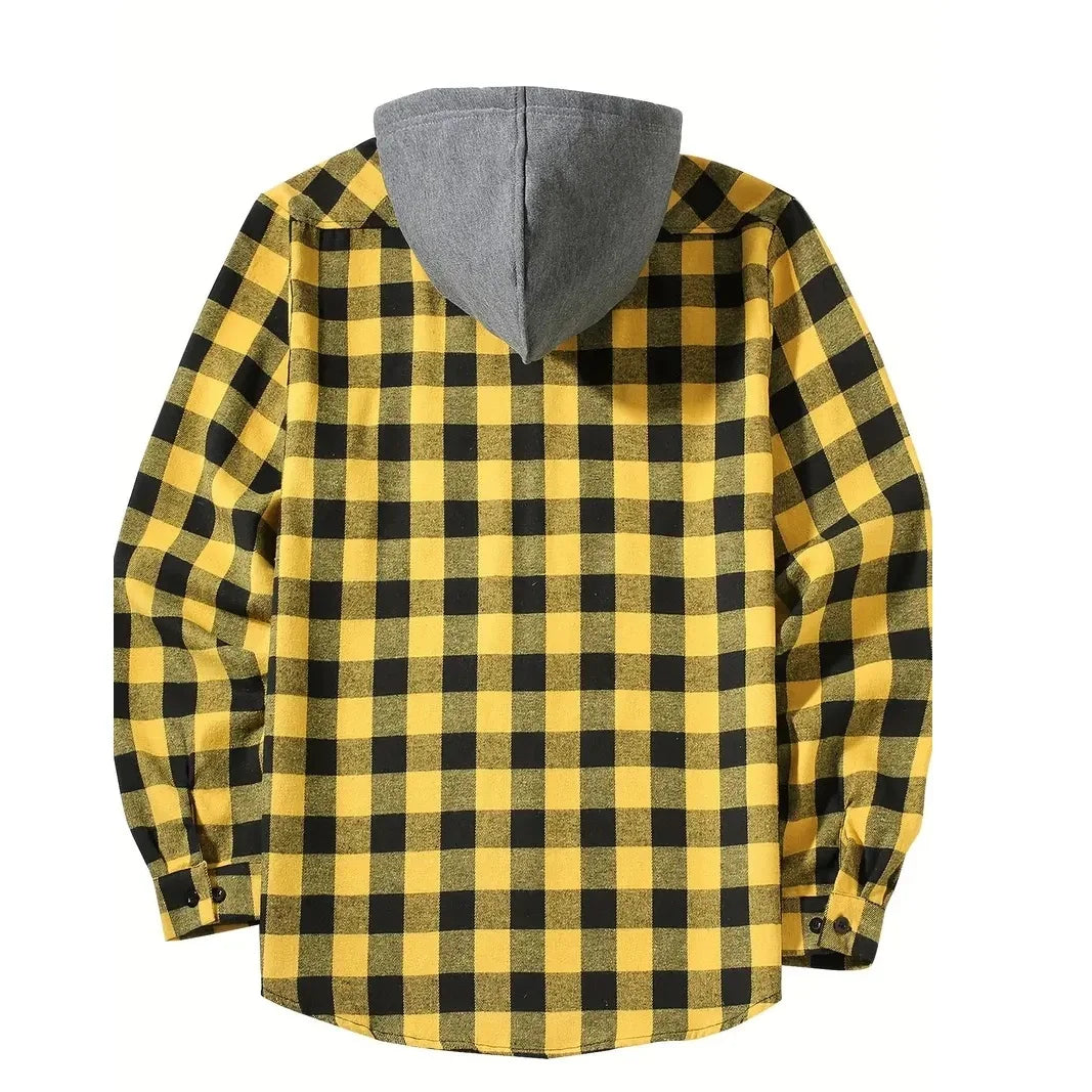 Camisas masculinas clássicas xadrez casual botão para baixo com capuz manga comprida bolsos duplos camisa com capuz jaqueta de flanela primavera outono topos