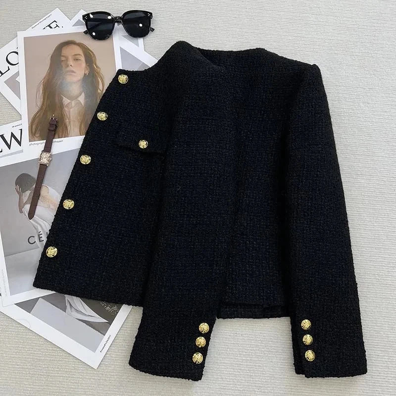 Jaqueta Curta Feminina Preta Estilo Elegante, Nova Coleção Outono Inverno 2026, Gola Redonda, Casaco de Tweed Grosso e Texturizado, Agasalho Feminino