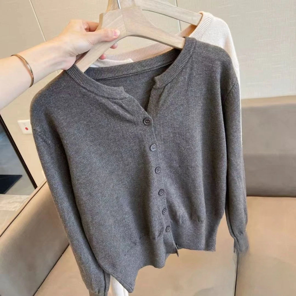 Nova Moda 2026 Suéter Feminino de Cashmere Curto Solto de Tricô com Forro de Lã, Gola Redonda, Quente, Estilo Coreano Casual