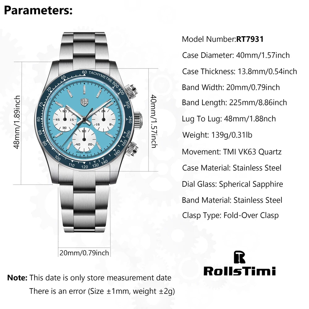 2026 ROLLS TIMI Men's Watch Top Fashion Men's Quartz Watch Luxury Sapphire VK63 Chronograph Sports Waterproof Relógios Masculino