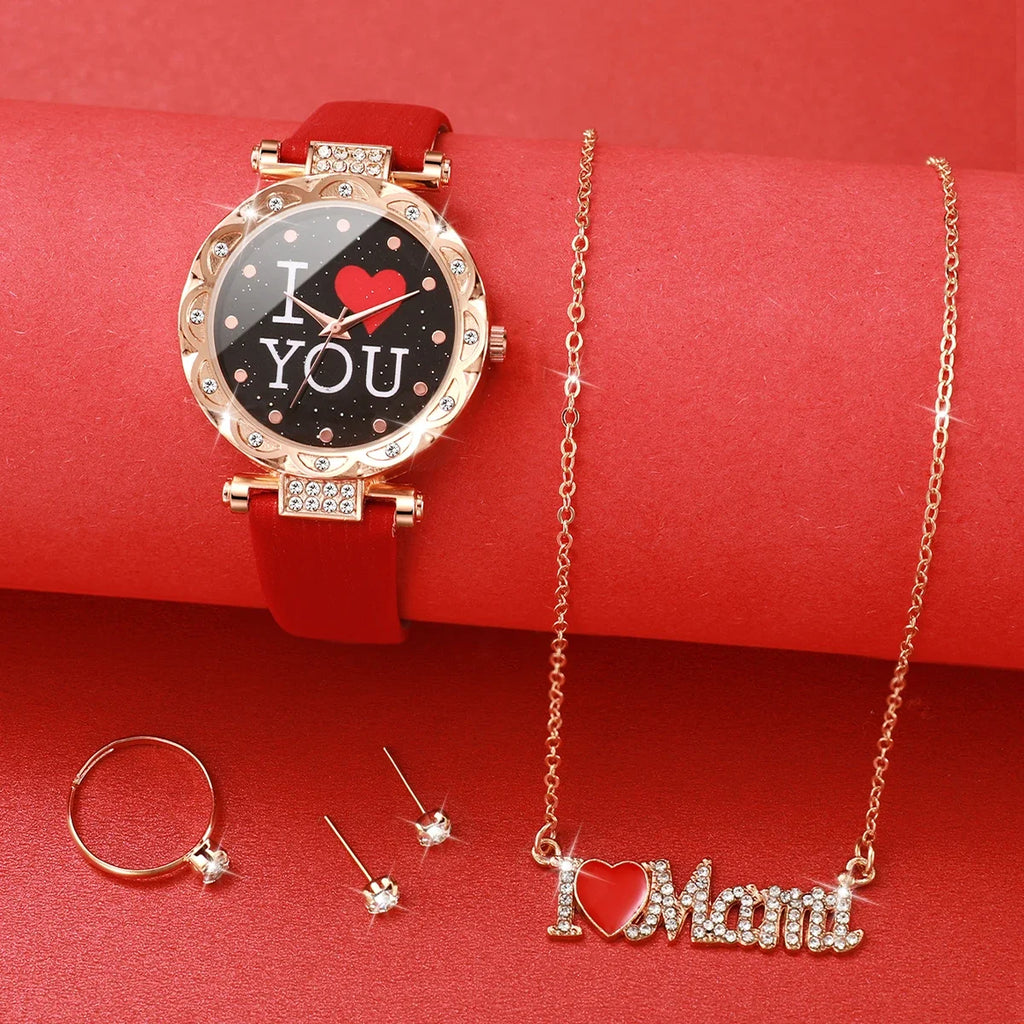 5 pçs/set moda feminina relógio strass pulseira de couro relógios de quartzo conjunto de jóias de diamante presente para a mãe