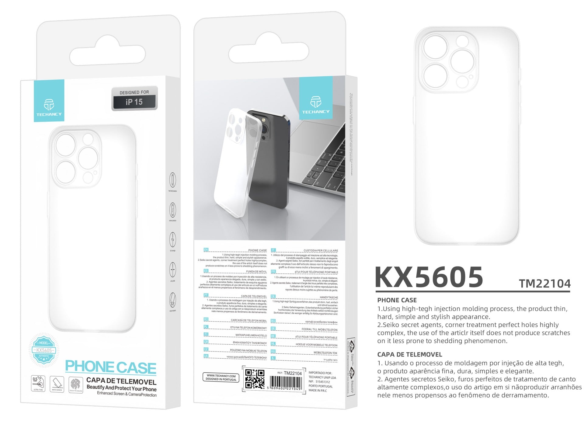 Techancy Capa Para Telemóvel Ultrafina Cor Transparente KX5605, Compatível Com O Telemóvel Iphone 15, Material Pp De 0,5 Mm.