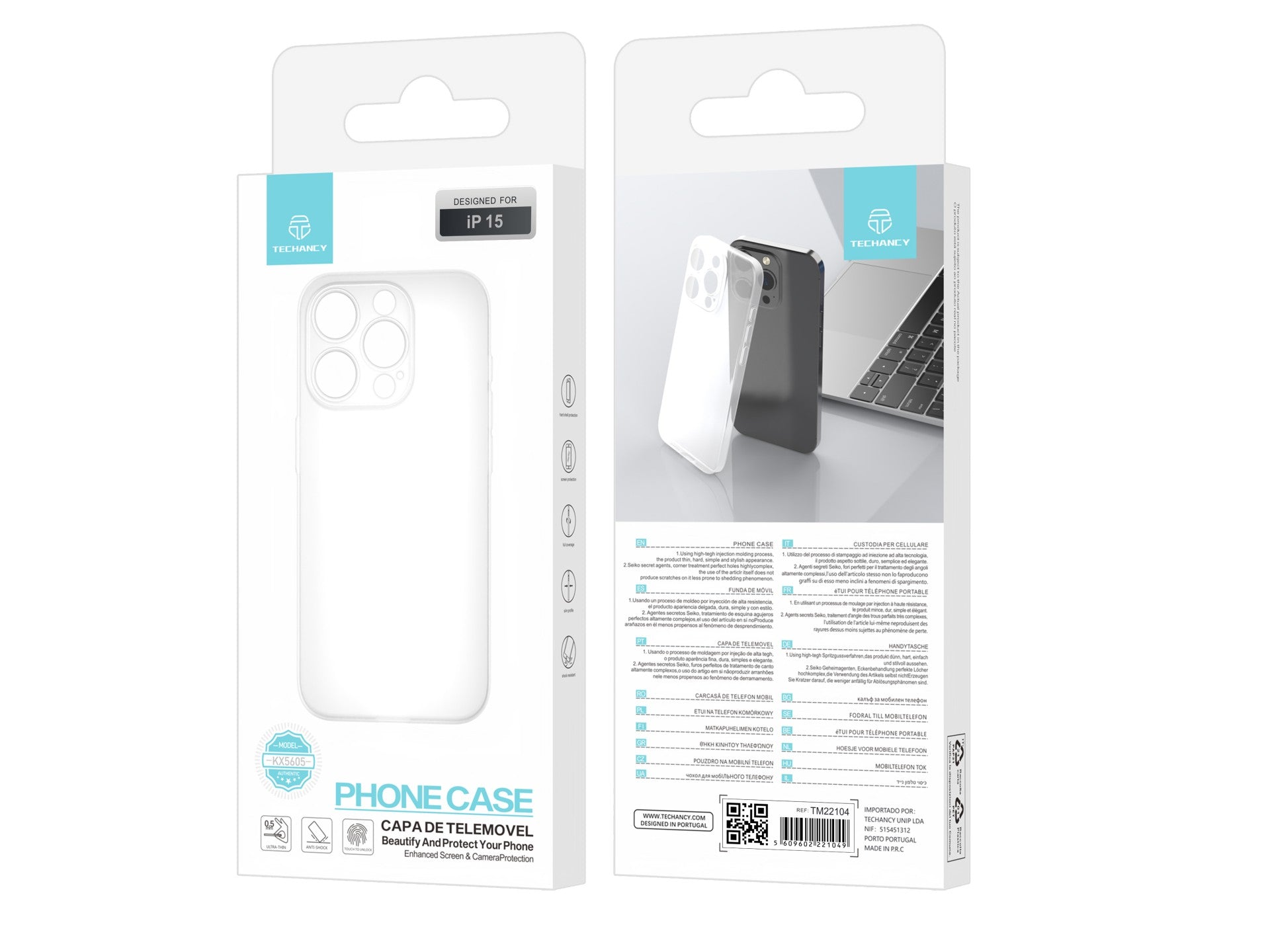 Techancy Capa Para Telemóvel Ultrafina Cor Transparente KX5605, Compatível Com O Telemóvel Iphone 15, Material Pp De 0,5 Mm.