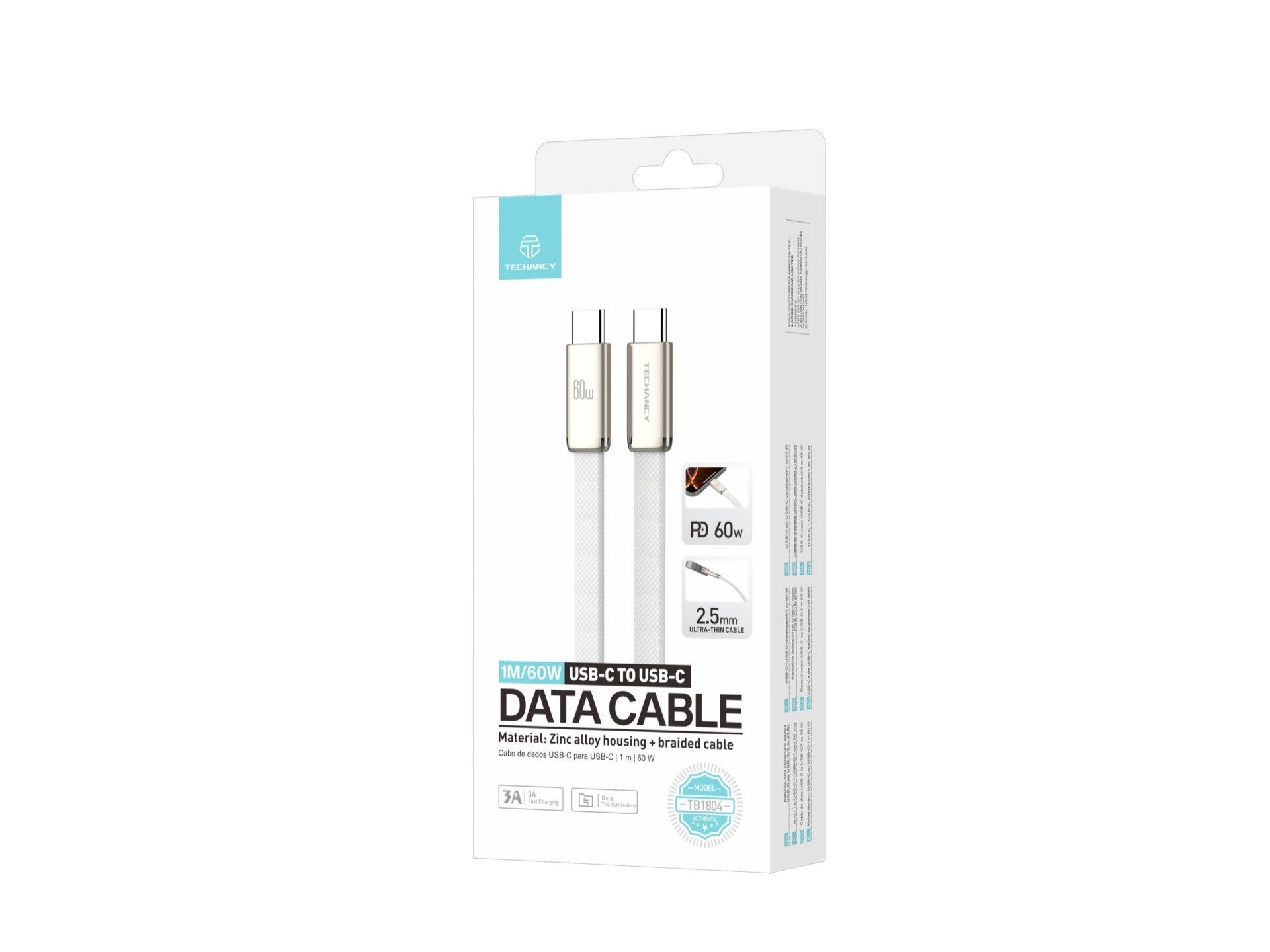 Techancy Cabo de Dados USB C para USB C 60W TB1804 Carregamento Rapido PD Trancado Resistente para Telemovel e Tablet